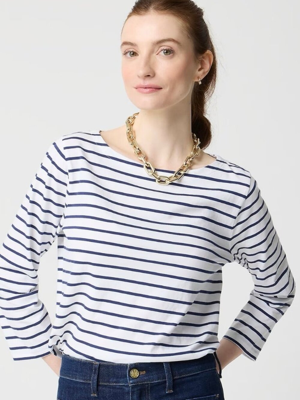 J. Crew Navy & White Striped Three-Quarter Sleeve Boatneck Tee/NWT/MEDIUM